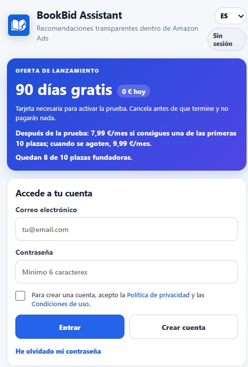 Primer paso de configuración de BookBid Assistant