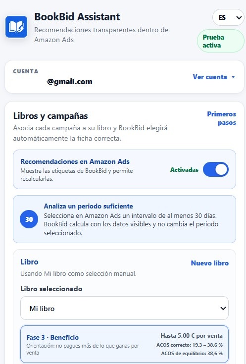 Datos de un libro configurados en BookBid Assistant
